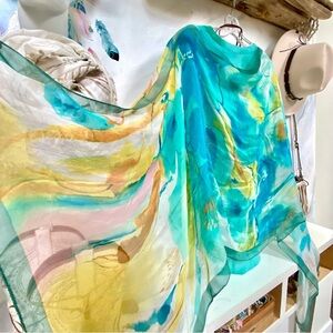 Aqua dream SILK SCARF/body wrap w abstract floral and resort vacay beach Vibe